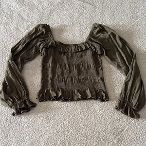 Newbury Kustom Olive Green Smocked Puffed Sleeve Blouse Small
